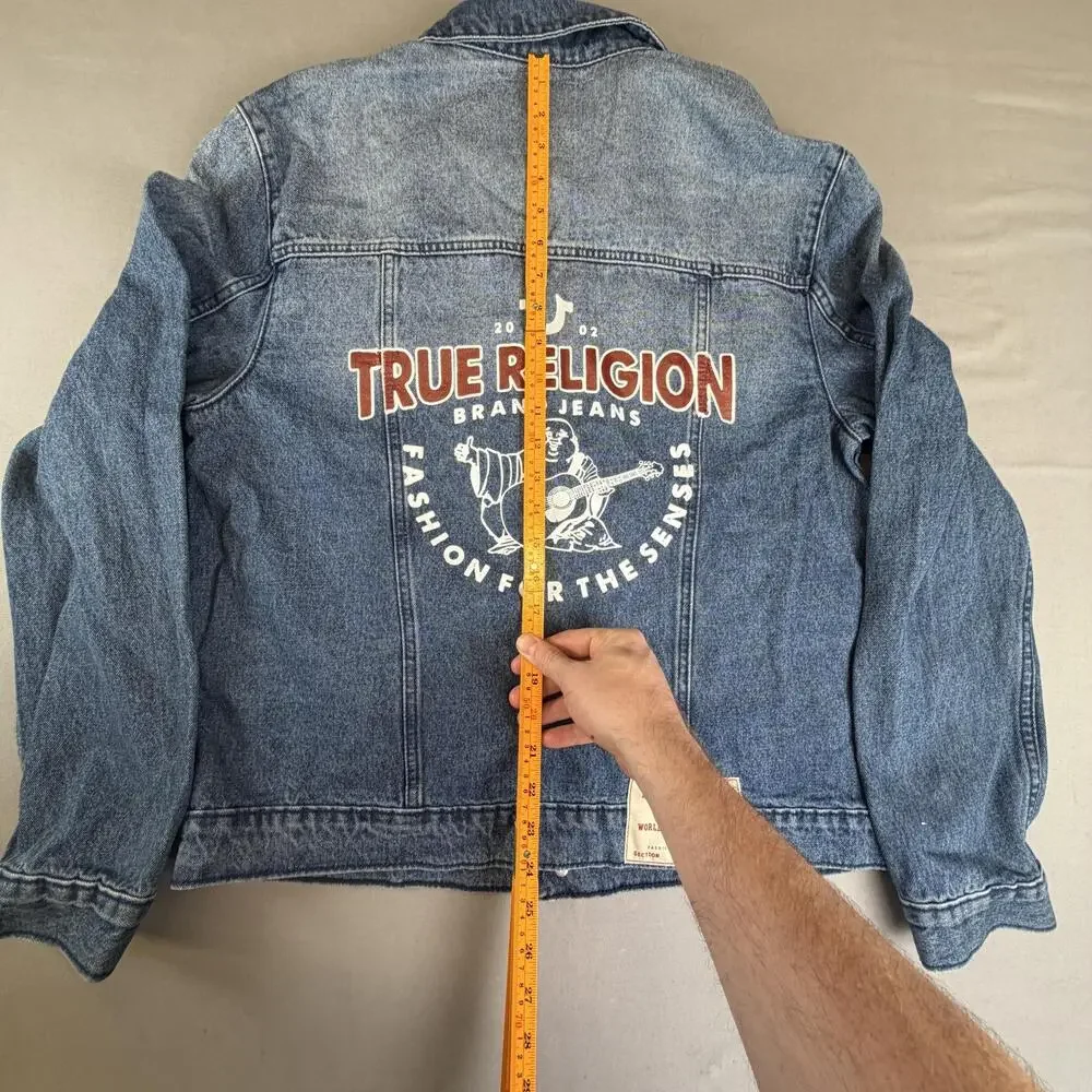 True Religion Jacket Mens Medium Blue Denim TRBJ Print SN Graphic 701133